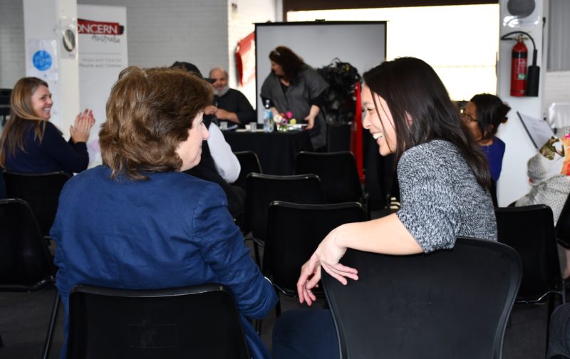 Grace smiling with her Manager, Anne Mitchell